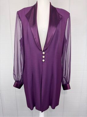 Vintage J.R. Nites Purple Sheer Sleeve Longline Blazer Satin Lapel 80s 90s